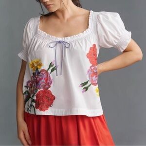 Anthropologie Puff Sleeve Tie Front Embroidered Bohemian Peasant Cotton Blouse S